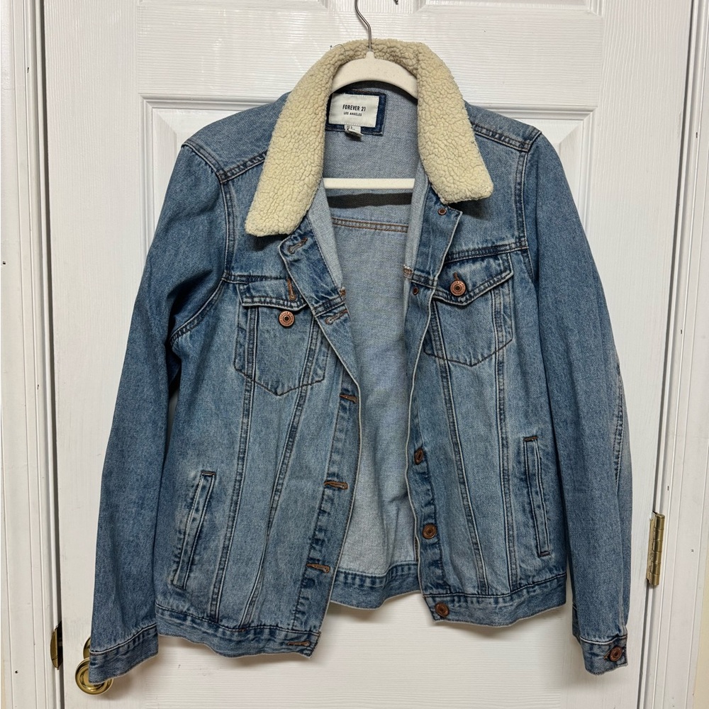Forever 21 Blue Denim Jacket with Cream Sherpa Collar